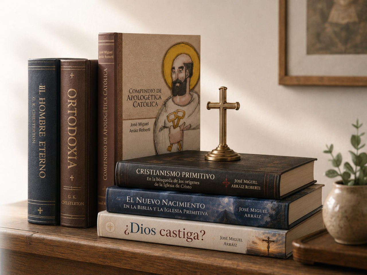 Libros de apologética católica sobre una mesa con una cruz