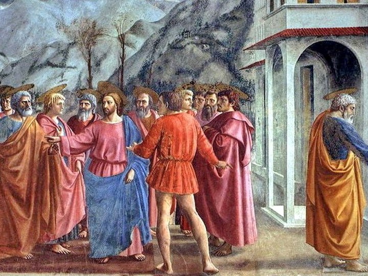 Cristo y los apóstoles en la escena del pago del tributo